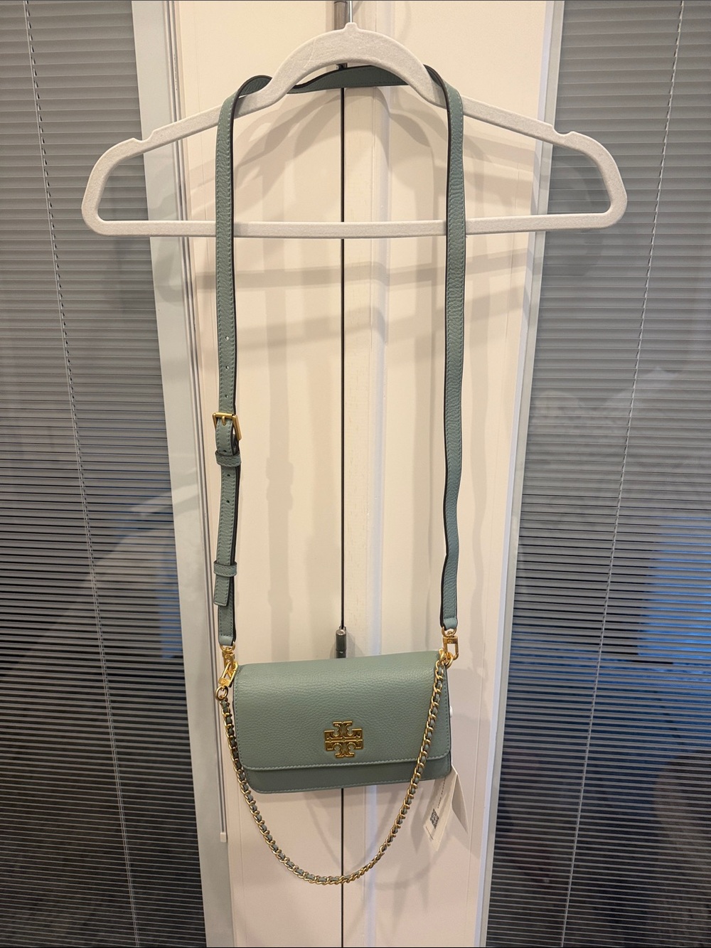 Tory Burch Sage Green Leather Crossbody with Gold Chain